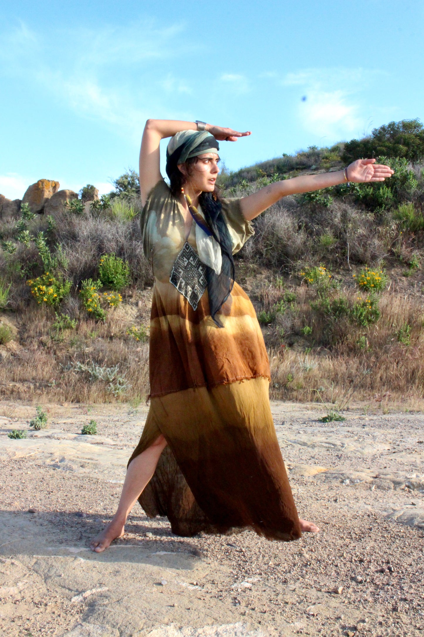 S/M/L - Golden hour Landscape - Henka Dress Maxi dress- Silk Chiffon skirt hem- Vintage handwoven hmong hill tribe tapestry center embellishment - Tie backs For pulling back