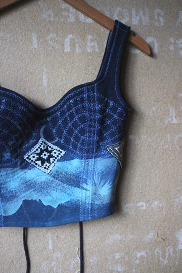 2 in stock- Fits XS/S - Deep Water Spirit Continuum/Integration -Corset Top - FUll length -100% thick sturdy heavy weight Cotton french terry - Deadstock fabric- regenra-zhinh