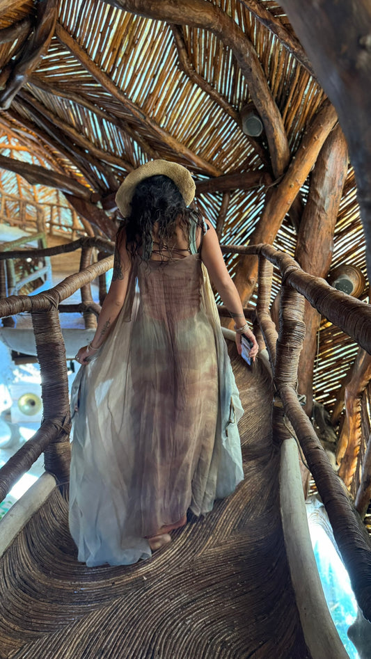 Free size - Aura EXPANSE 100% Dead stock Silk Chiffon Cover up translucent dress - Adjustable straps- Finger straps for wings