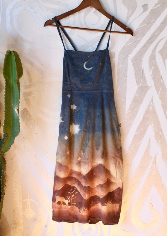 S/M - Golden Hour In the Mountains- Dress - Tie Back & Zipper - 50% Linen 48% Rayon 2% Spndx - Adjustable Straps-Upcycled Regenerazhinh -OOAK - Recommended for Heights 5.8 and under