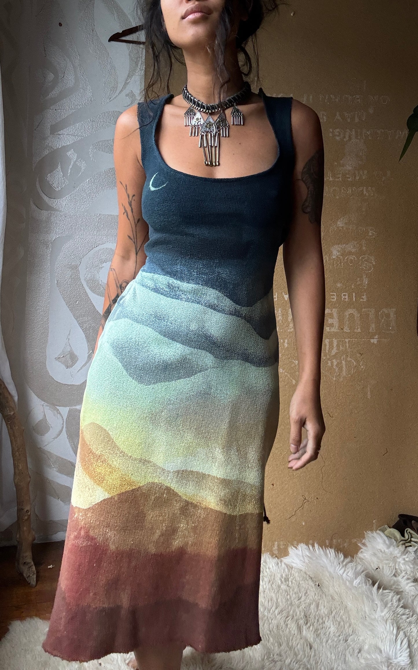 S/M - Poly Chrome Settings Landscape short Dress - Thick strap - 100% heavy weight knotted cotton - hearty