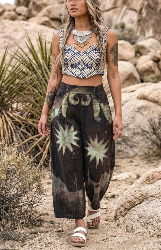 Small/Medium - Mysteries of transformation Pants - OOAK Wide Legged - Short - 100% LinenLinen Pants - upcycled/ Regenerazhinh