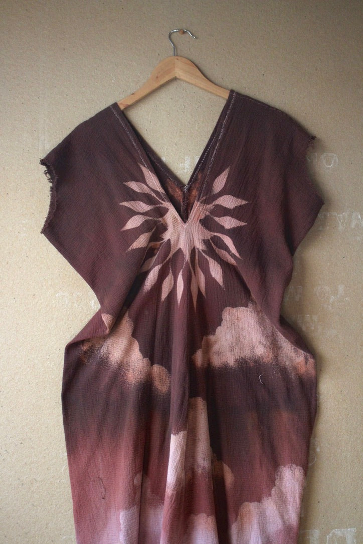S/M/L Deep Mauve Heart Burst - Henka Dress - 100% Cotton Deadstock -Tie Back Open Weave Fabric - Long Maxi (on 5.5ft model)