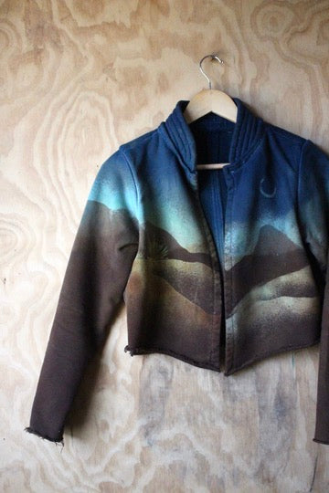 XS -Midnight Landscape - Crescent Moon - Cropped Cadet Jacket - 100% Cotton french Terry Thick sturdy heavy weight - warm - Deadstock fabric - High collar-