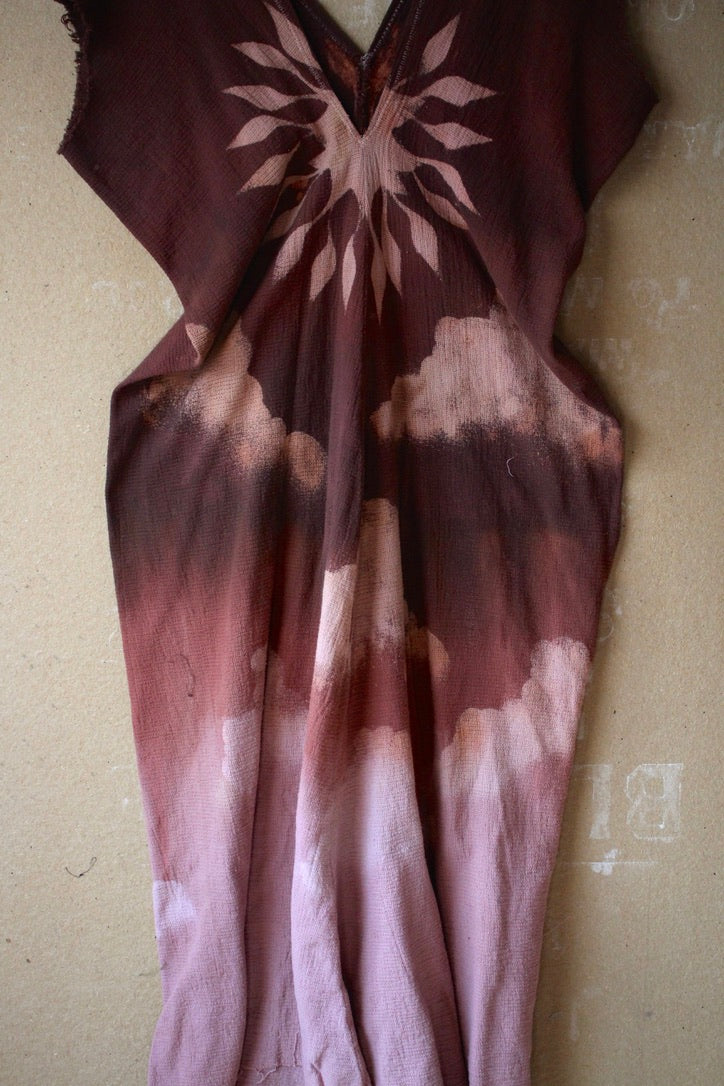 S/M/L Deep Mauve Heart Burst - Henka Dress - 100% Cotton Deadstock -Tie Back Open Weave Fabric - Long Maxi (on 5.5ft model)