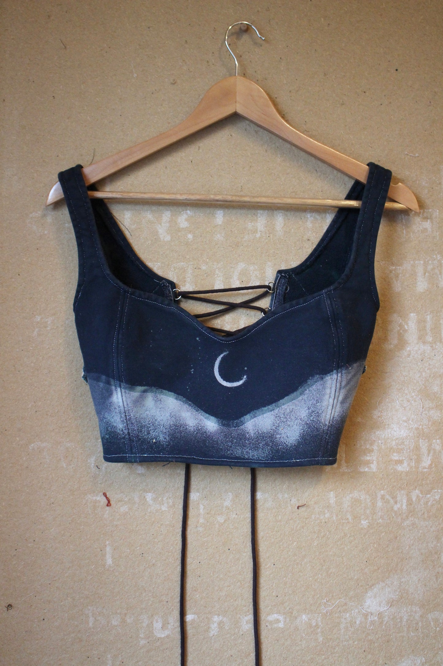 Small Cropped Midnight Corset Bustier Top- 100% Organic Thick heavy weight french terry cotton - with vintage 70's Hmong Hilltribe Vietnamese woven tapestry