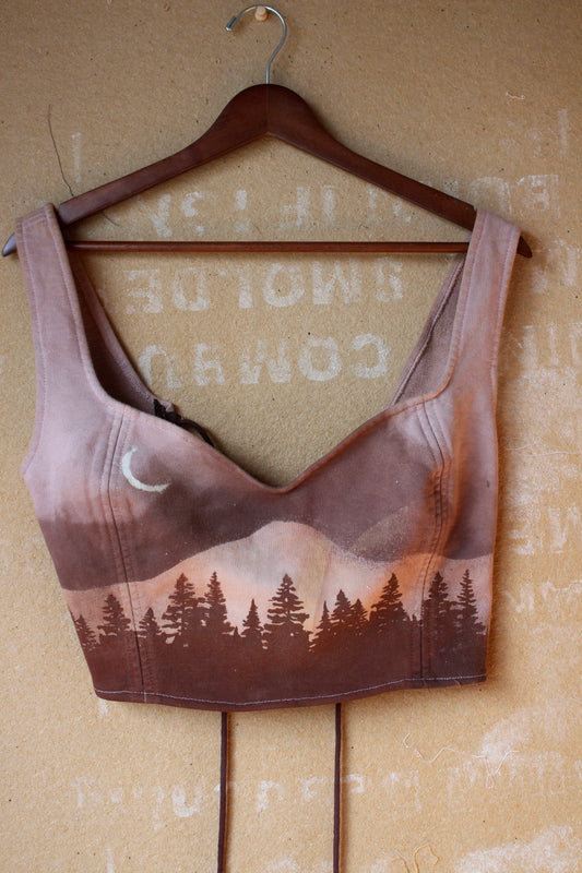 Large - Mauve Forest moon Landscape Corset Bustier Top- Screen printed - and stenciled - Made from 100% Cotton french terry thick sturdy heacy weight