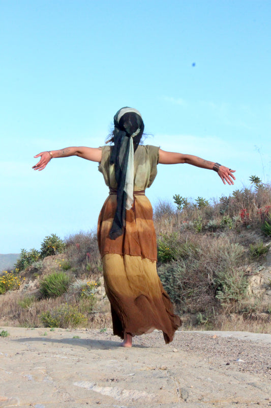 S/M/L - Golden hour Landscape - Henka Dress Maxi dress- Silk Chiffon skirt hem- Vintage handwoven hmong hill tribe tapestry center embellishment - Tie backs For pulling back