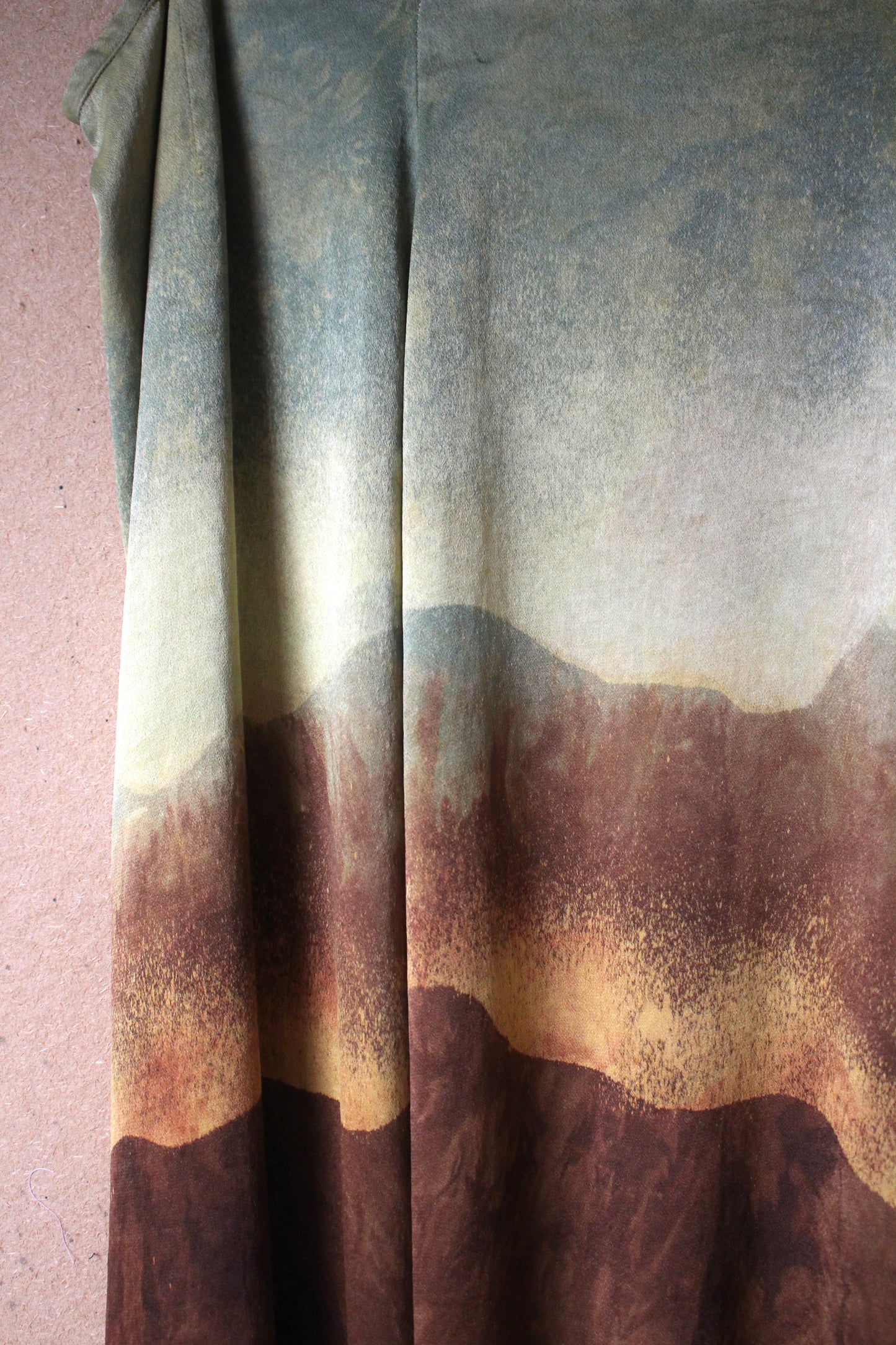 M/L/XL - Mountain Serenity Tapestry landscape wrap skirt - Green/Yellow hues orange peel wast sillk fabric