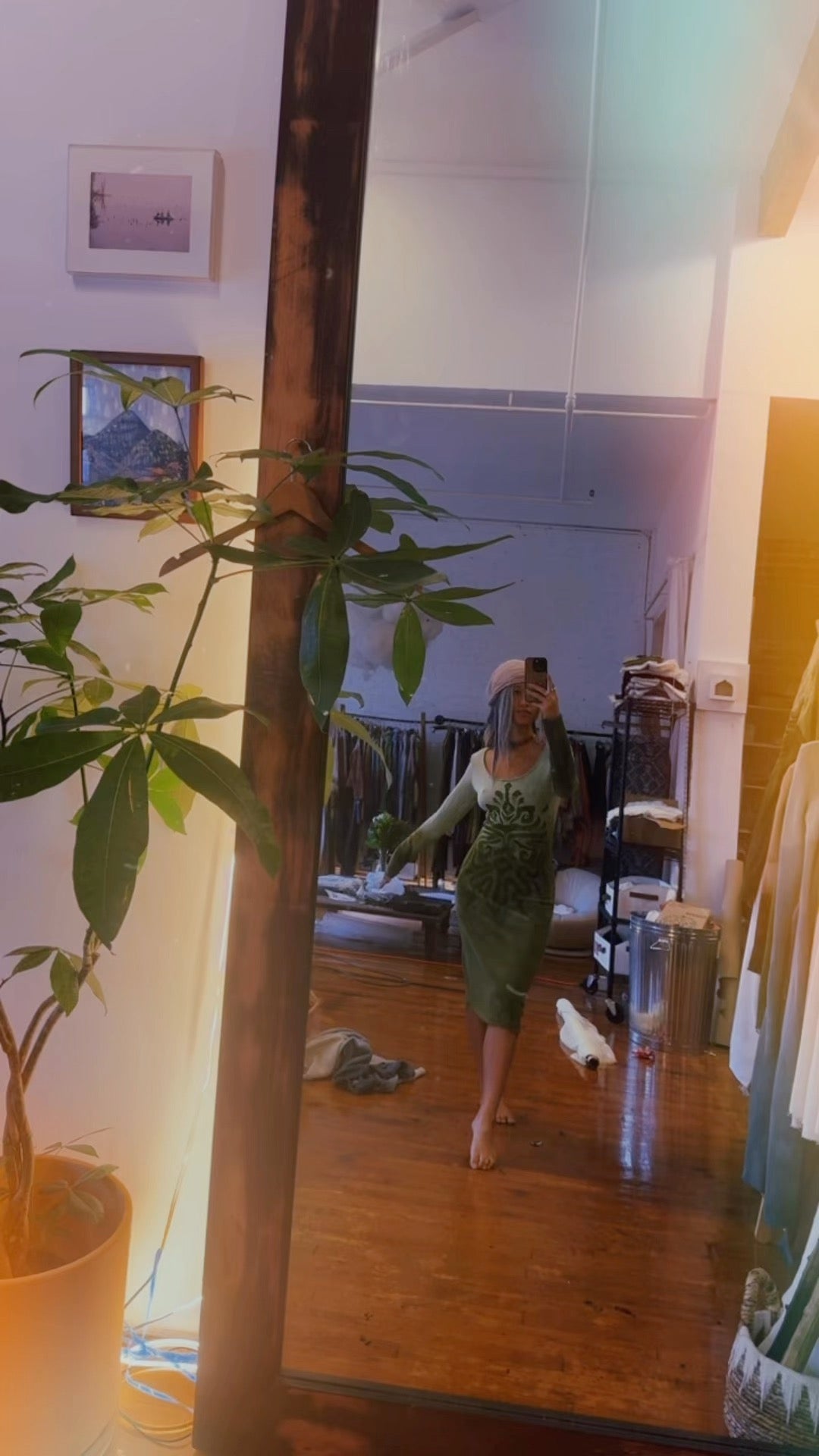 MTO Emerald Pathways Long Sleeve Dress - Organic Cotton French Terry - Hand Painted- Medium weight - warm- Dead stock fabric -regenerative fashion- Integration Zhinh Collection