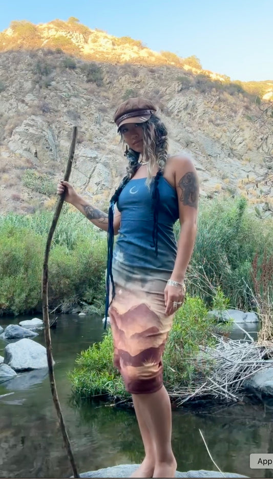 S/M - Golden Hour In the Mountains- Dress - Tie Back & Zipper - 50% Linen 48% Rayon 2% Spndx - Adjustable Straps-Upcycled Regenerazhinh -OOAK - Recommended for Heights 5.8 and under
