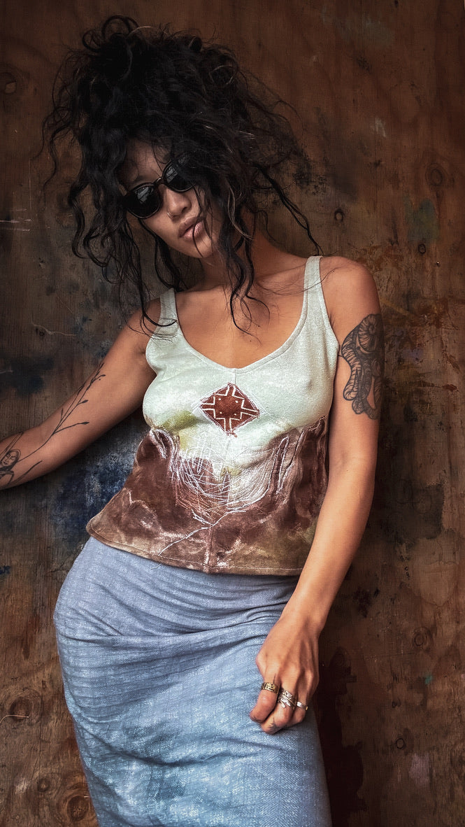 Medium Canyon- Free stitched and Hand Painted w/ Screen print fabric paint- Tank Top - Dead stock French Terry Cotton