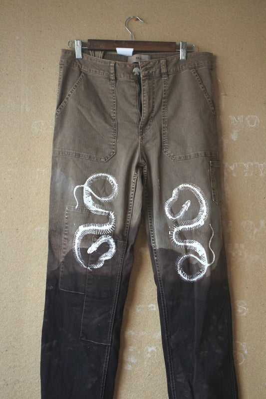 Size 8-10 - Serpent Bones Pants Upcycled - 29x30 - screen printed -hand dyed -98% Cotton 2% Spandex