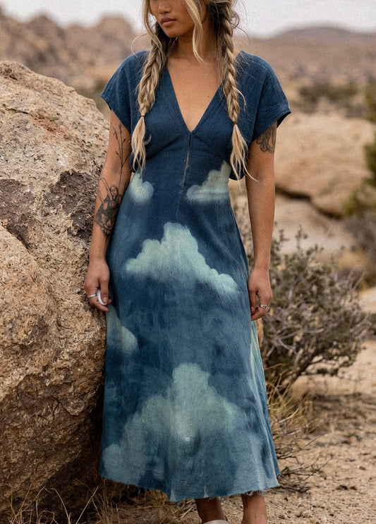 Blue Skies Henka Dress - Regular Free Size (Fits S-M-L)- Textured - Made from 100% Deadstock cotton - heavy weight gauzy like material