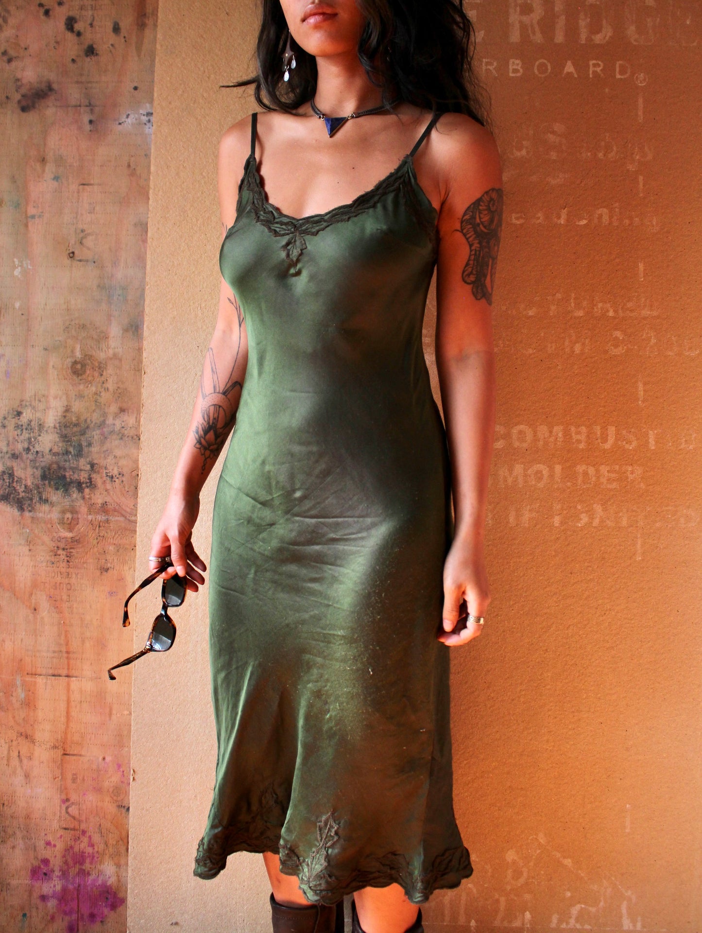 Made to Order- Blue Depths/Green Shiso Embroidered Silk Bias Dress- 3-4 weeks Mto- Mini or Midi Handmade in Hanoi Vietnam