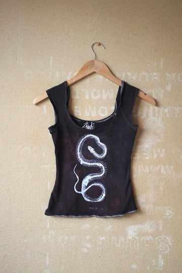 XS - Serpent Skeleton Basket top - Charcoal/brown/red hues - 96% cotton 4%Spandex