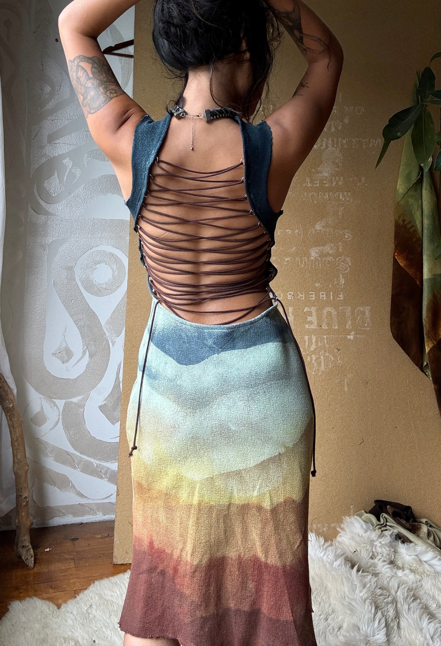 S/M - Poly Chrome Settings Landscape short Dress - Thick strap - 100% heavy weight knotted cotton - hearty