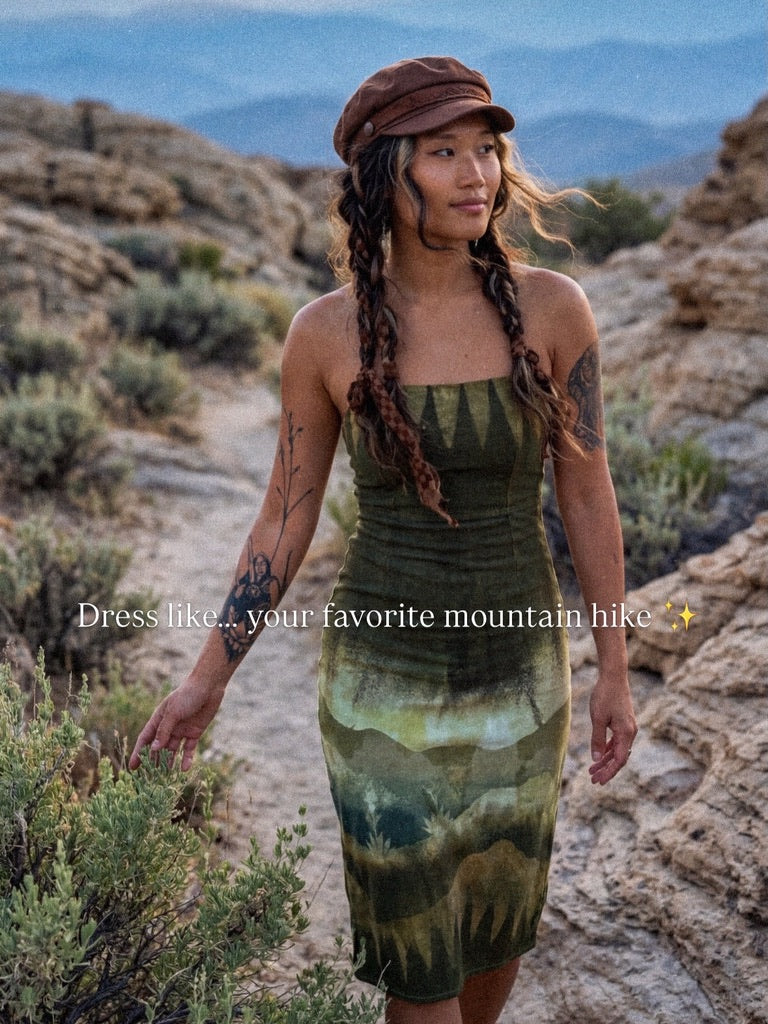 XS/S- Emerald Mountain-Scape Dress - Linen/Rayon/Spandex - Stretch - Adjustable back and Zipper