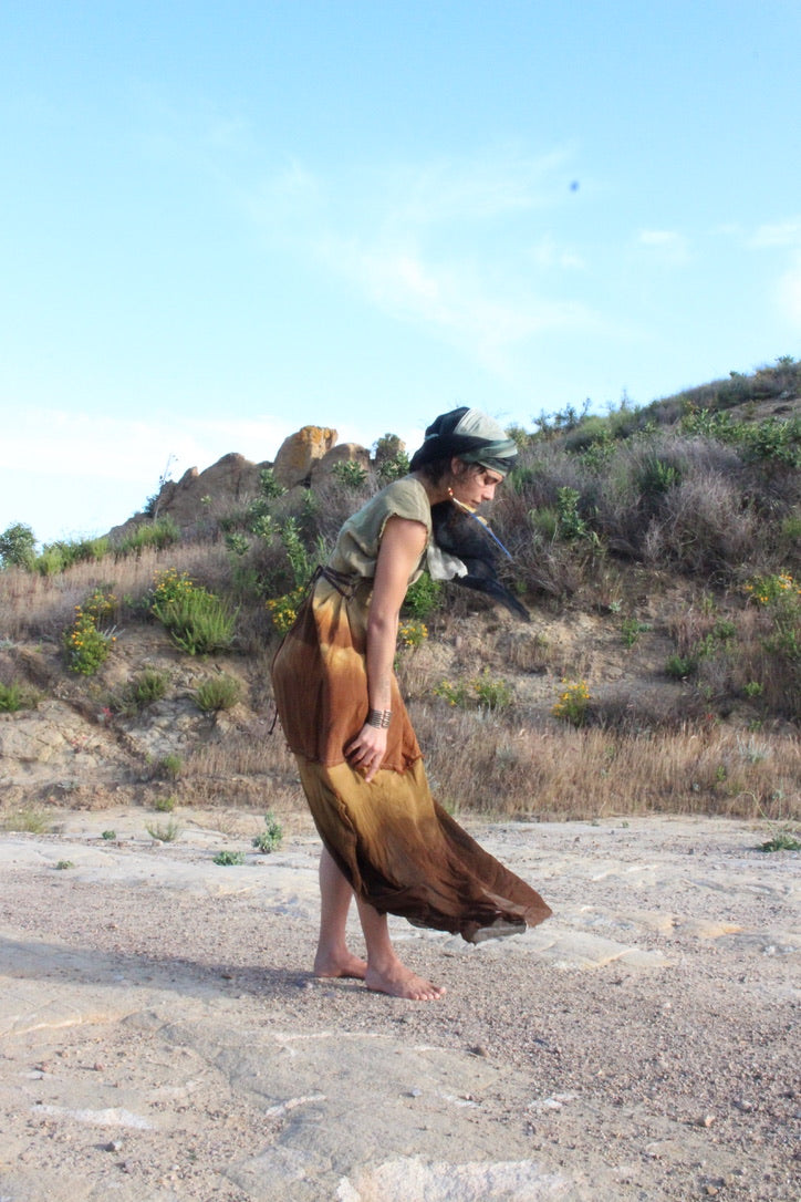 S/M/L - Golden hour Landscape - Henka Dress Maxi dress- Silk Chiffon skirt hem- Vintage handwoven hmong hill tribe tapestry center embellishment - Tie backs For pulling back
