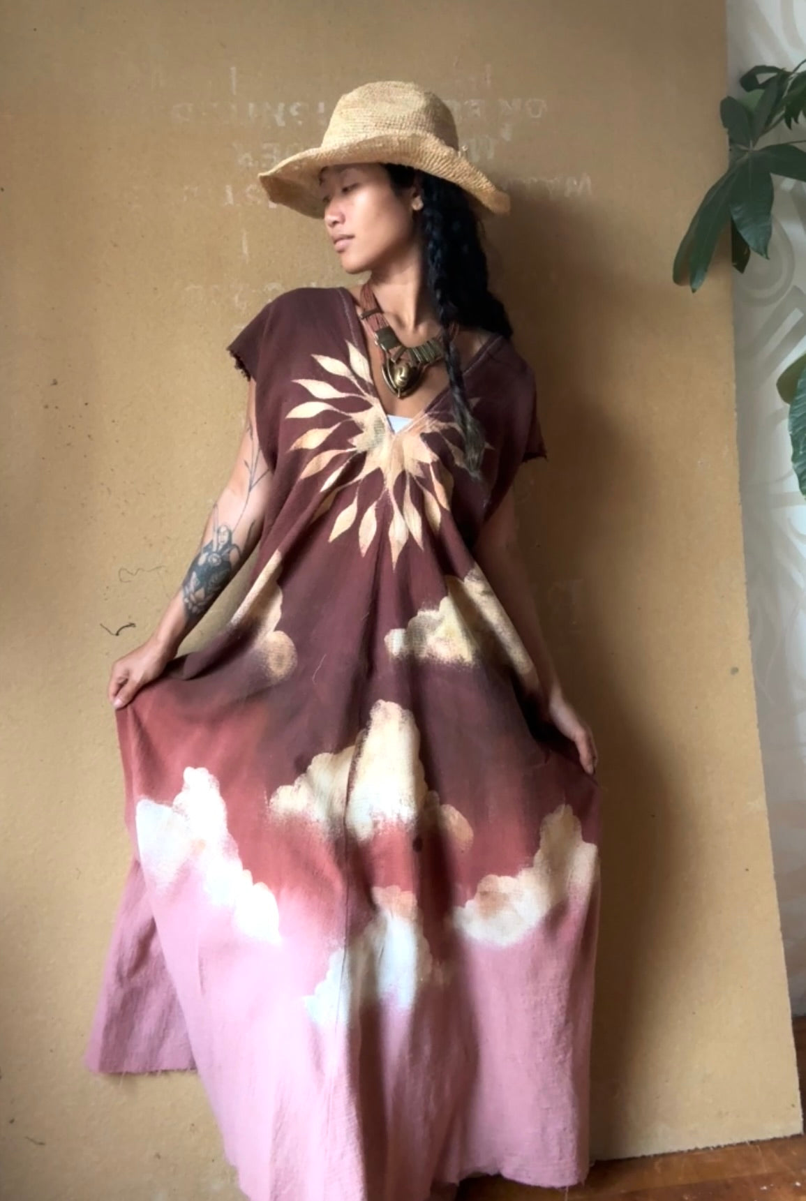 S/M/L Deep Mauve Heart Burst - Henka Dress - 100% Cotton Deadstock -Tie Back Open Weave Fabric - Long Maxi (on 5.5ft model)