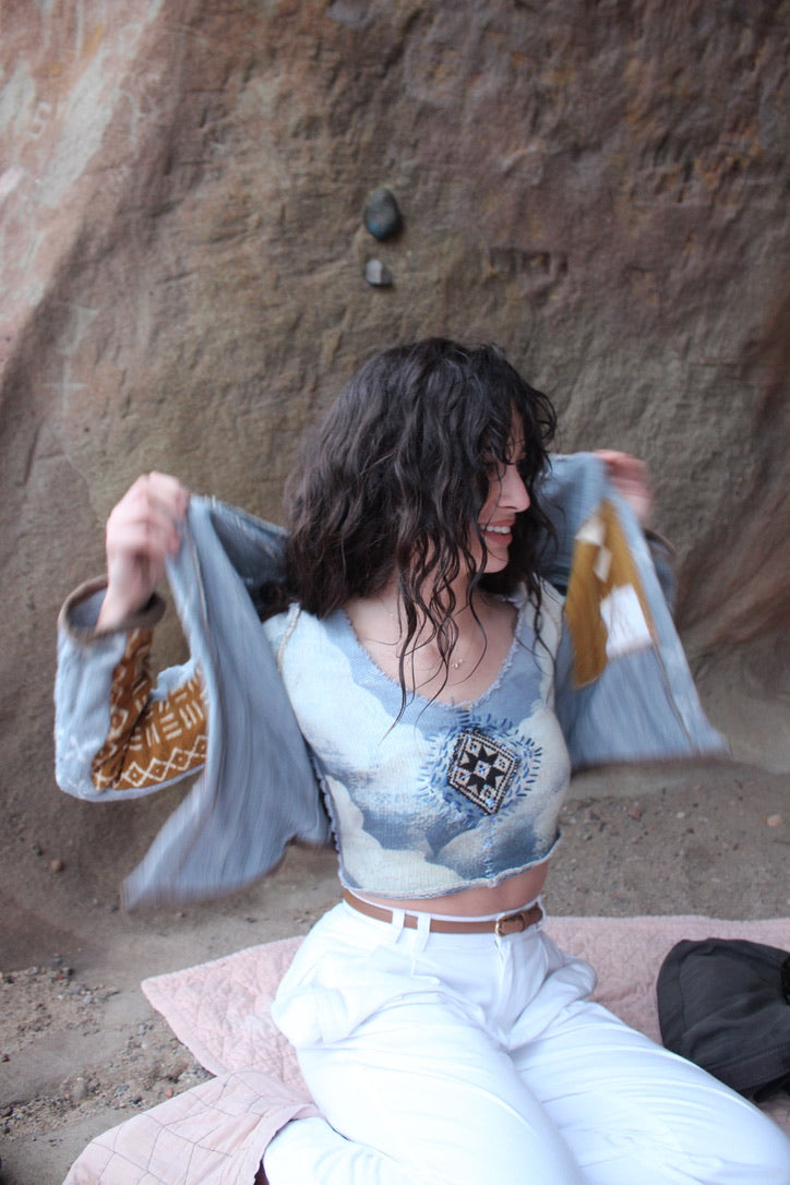 Small - Cloudy Sky Long sleeve Sweater top Integration-limited- Crop is Optional- Hand embroidered details- 70's Hmong hill tribe Handwoven Patch -100% Italian French Terrry Cotton -