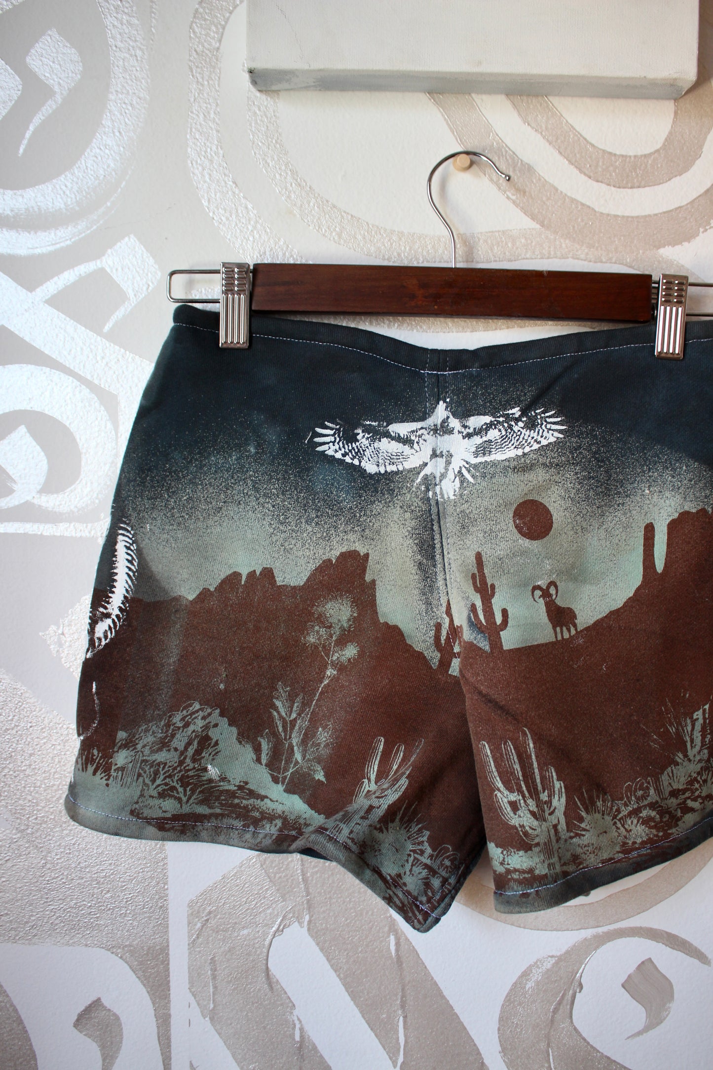 MEDIUM- Desert Sweat Shorts 5 - Hand embroidered details, Screen printed, Hand dyed- One of a kind
