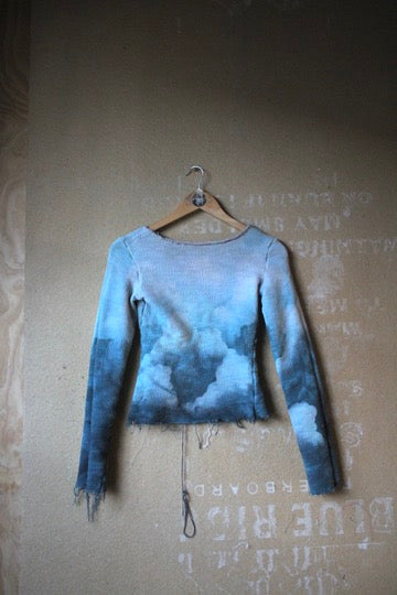 Small - Cloudy Sky Long sleeve Sweater top Integration-limited- Crop is Optional- Hand embroidered details- 70's Hmong hill tribe Handwoven Patch -100% Italian French Terrry Cotton -