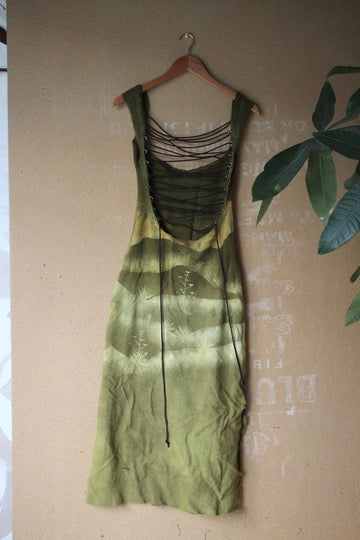 Small- Emerald Mountain scape Dress - 100% thick knitted cotton - Heavy Weight. - hearty - deadstock - tie back