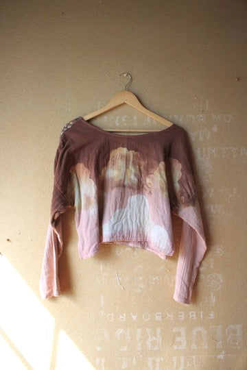 Medium - OOAK - Muave CLoudy Sky Slouchy Long Sleeve Top -Integration- 100% Heavy weight triple layered Cotton Gauze - Feather trim shoulders- Slight Crop. Vintage hmong hilltribe vietnamese patch hand woven
