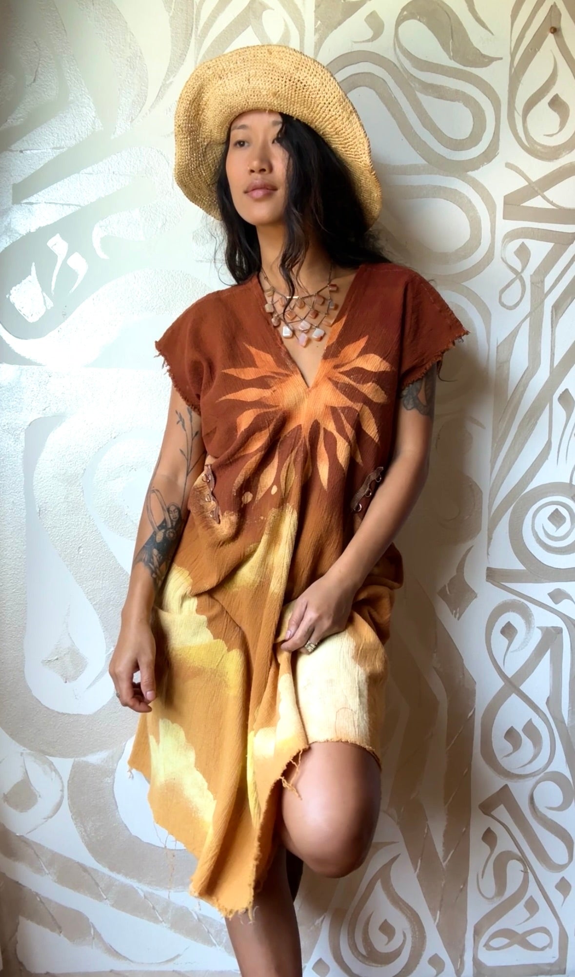 Petite(Fits XS/S/M) - RISE N SHINE Sun Dress- Mini Henka Dress- deadstock fabric - 100% open weave cotton - tie back transformable cinch waist