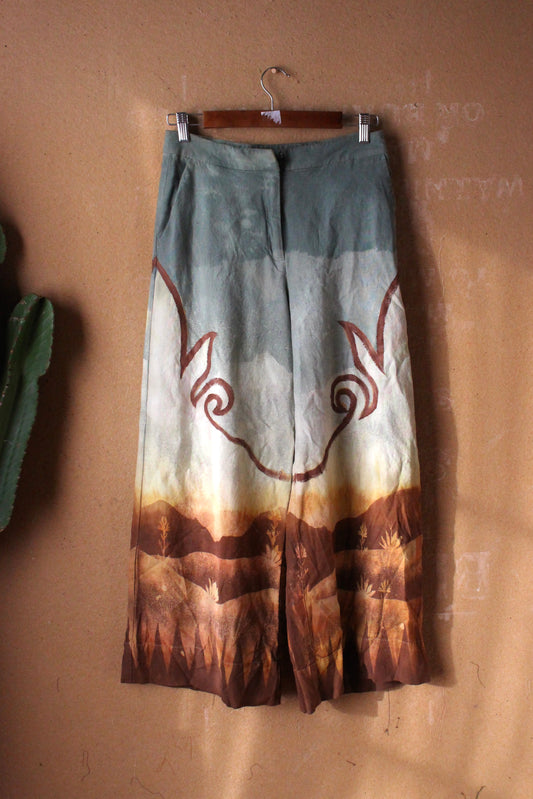 SIZE: fits 4-6 (medium) - Landscape - Temple Swirl -20% viscose 80% linen Regenerazhinh Upcycled Pants