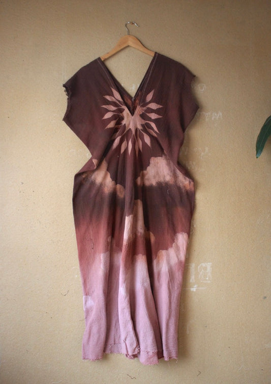 S/M/L Deep Mauve Heart Burst - Henka Dress - 100% Cotton Deadstock -Tie Back Open Weave Fabric - Long Maxi (on 5.5ft model)
