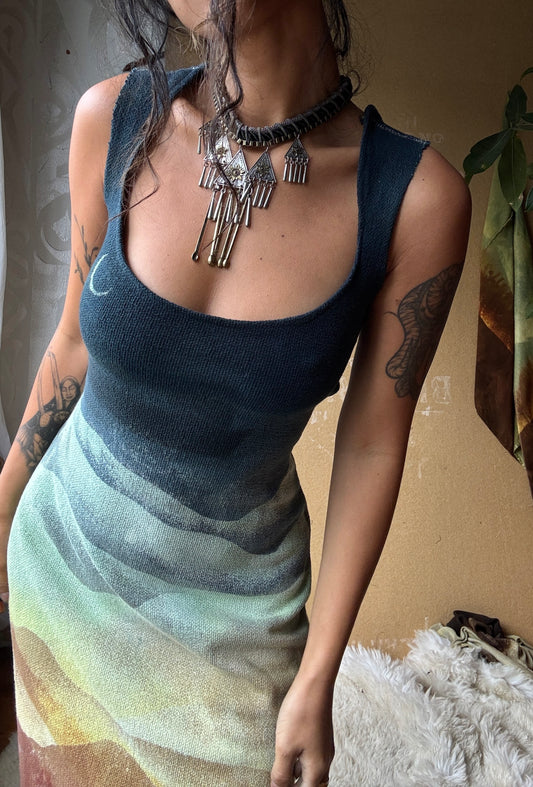 S/M - Poly Chrome Settings Landscape short Dress - Thick strap - 100% heavy weight knotted cotton - hearty