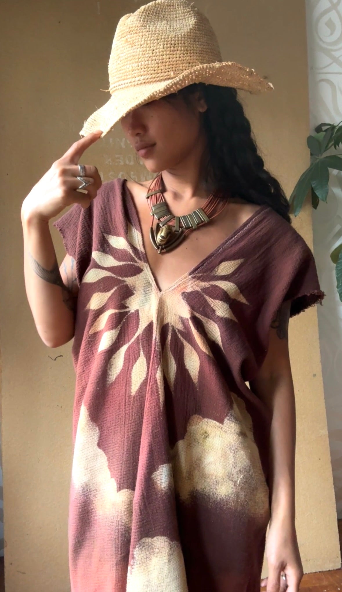 S/M/L Deep Mauve Heart Burst - Henka Dress - 100% Cotton Deadstock -Tie Back Open Weave Fabric - Long Maxi (on 5.5ft model)