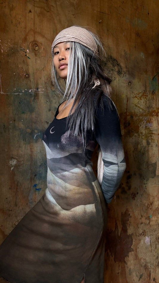 RTS Medium- Midnight Stark in the Ozarks- Long Sleeve Dress - Organic Cotton French Terry - Light weight - warm- Dead stock fabric -regenerative fashion- Integration Zhinh Collection