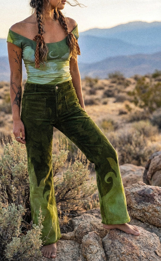 Small - Emerald Temple Swirl Pants - 100% Cotton Corduroy Pants - Hand dyed - Upcycled - Regenerazhinh