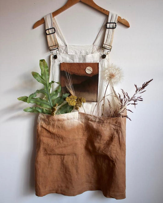 Plant Dyed Overal Dress - Dyed with Acorns Collected from down my street- Pocket Dyed with Iron and bleach over plant dyed acorn cotton