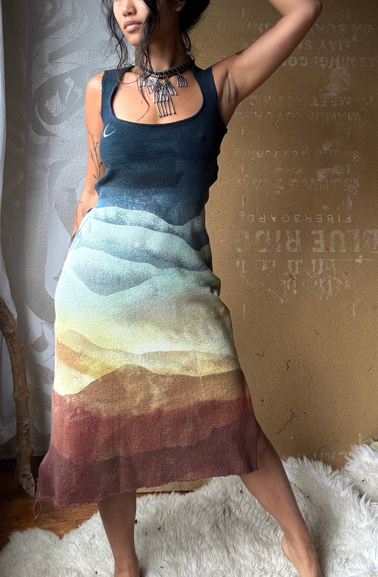 S/M - Poly Chrome Settings Landscape short Dress - Thick strap - 100% heavy weight knotted cotton - hearty
