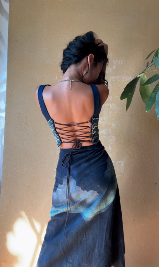 Fits Small & Medium Midnight Moon SET - Corset Top and Wrap Skirt - Vintage 70's Hmong HIll Tribe Vietnamese Patch