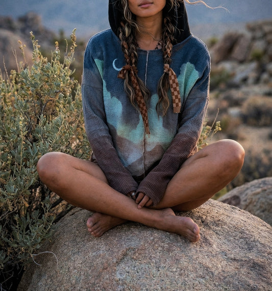 Small - Hooded Shirt - Long Sleeve - 100% Deadstock Cotton Gauzy Fabric and Thermal Cotton - Hand dyed