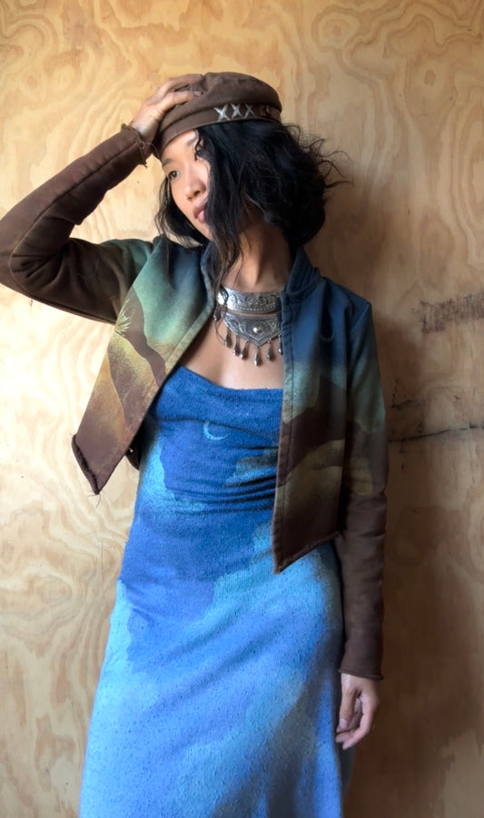 XS -Midnight Landscape - Crescent Moon - Cropped Cadet Jacket - 100% Cotton french Terry Thick sturdy heavy weight - warm - Deadstock fabric - High collar-