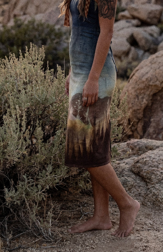 Fits XS & S - High Desert Mountain Dress - Made From 50 Linen/48 Rayon/2 Spndx - Tie Back adjustable and Zipper - Stretchy -Uplcycled