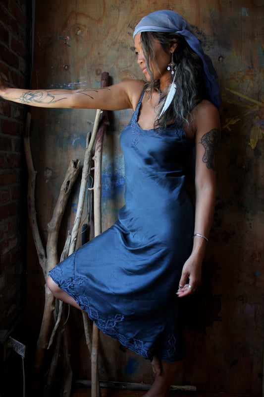 Made to Order- Blue Depths/Green Shiso Embroidered Silk Bias Dress- 3-4 weeks Mto- Mini or Midi Handmade in Hanoi Vietnam