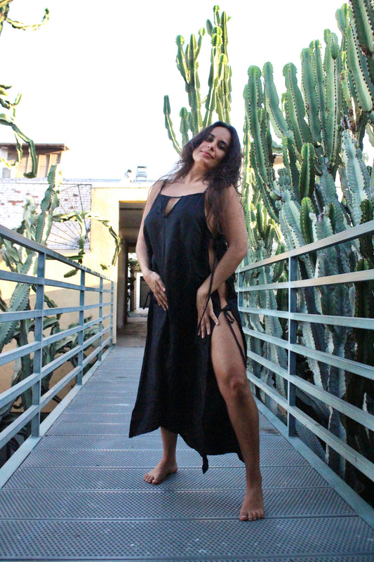 Ready to ship- Black Obsidian- The Zhinh-Dai Dress -Reversible color and neckline- Made in Hanoi, Vietnam