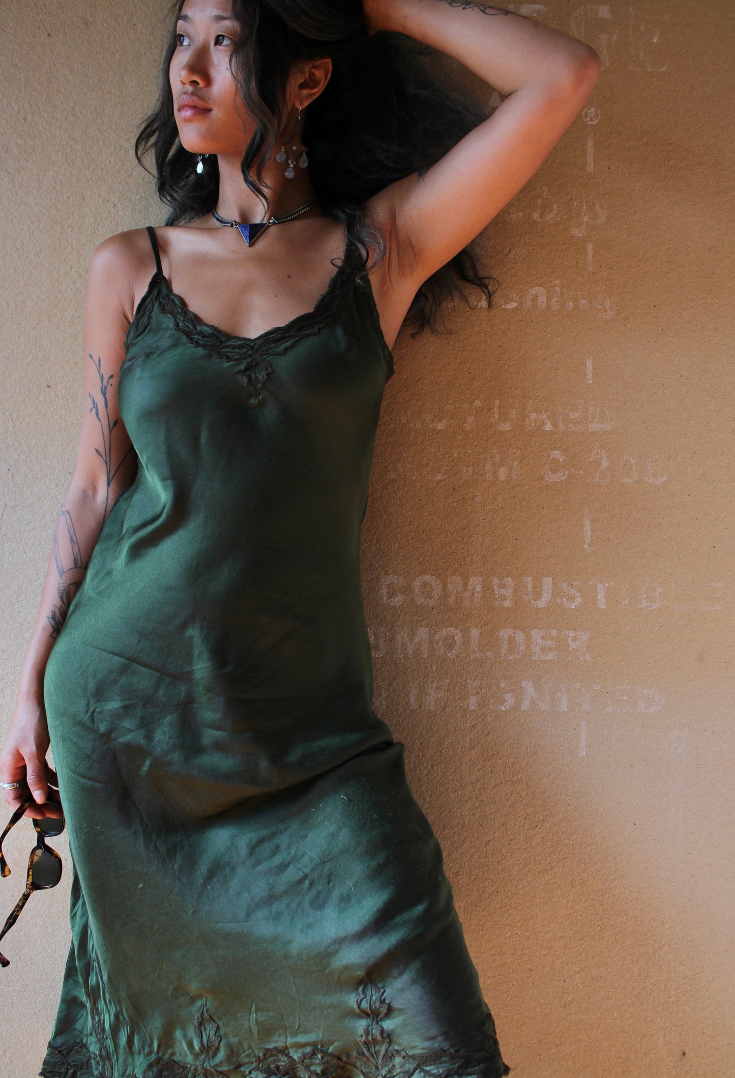 Made to Order- Blue Depths/Green Shiso Embroidered Silk Bias Dress- 3-4 weeks Mto- Mini or Midi Handmade in Hanoi Vietnam