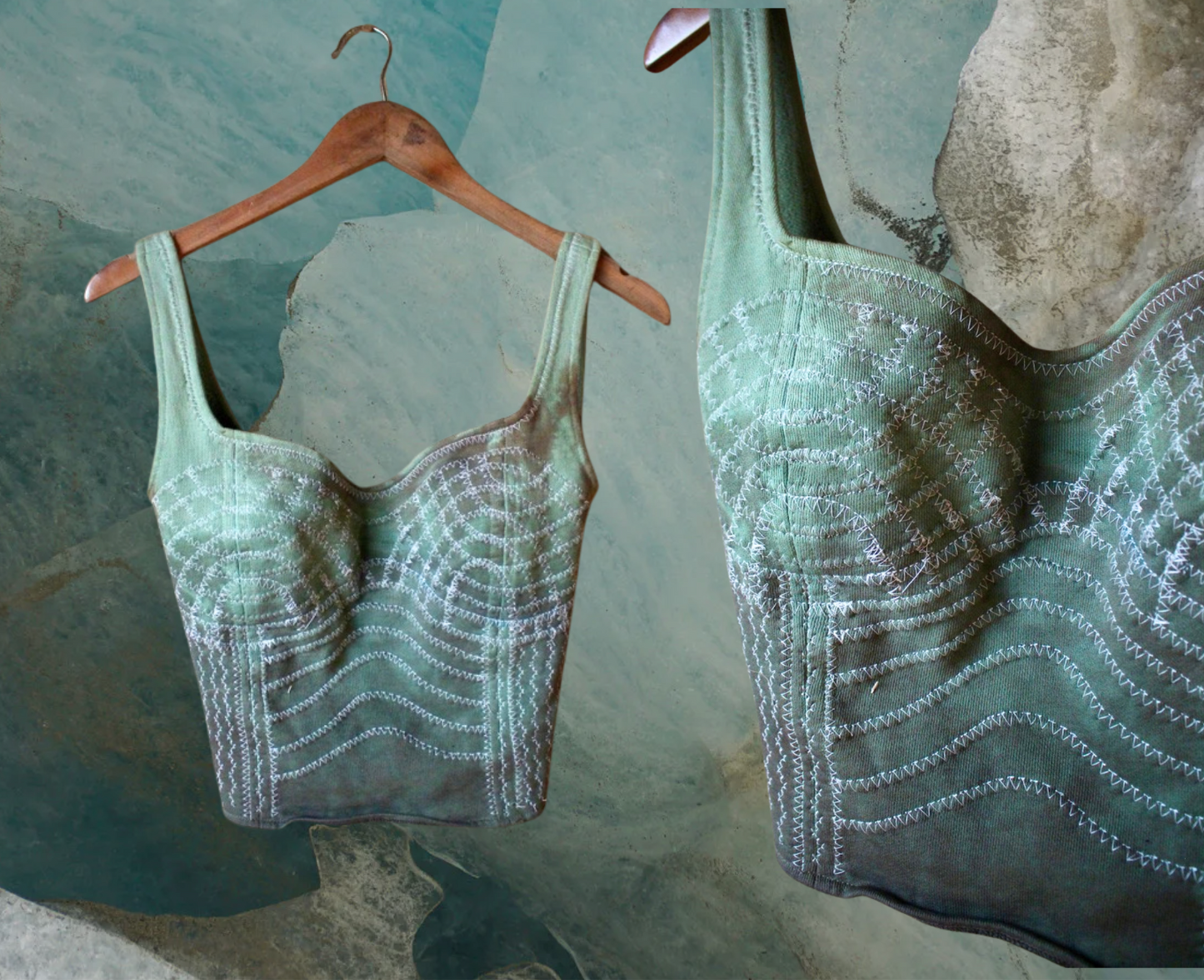 Small/medium -Turquoise Cactus Continuum Corset Top - Full Length- RTS - Sewing Machine Hand guided stitch details