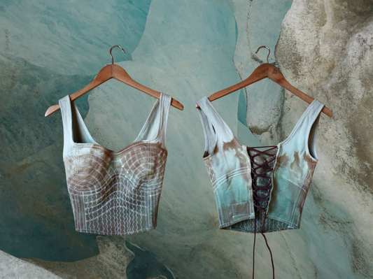 Medium - Turquoise Continuum Corset Top - Full Length- RTS - Sewing Machine Hand guided stitch details