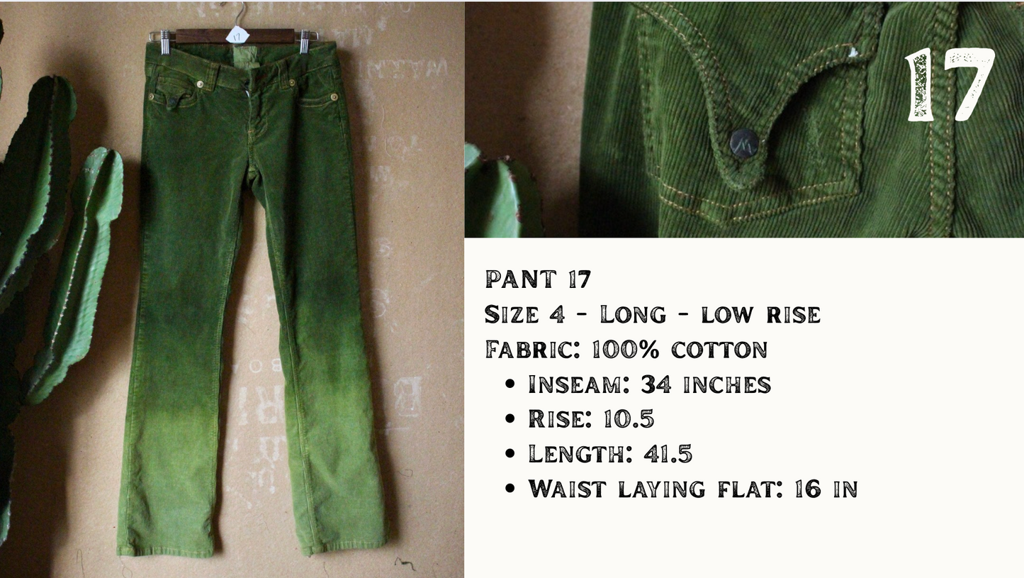 Size 4 - Emerald Ombre - 100% Cotton Cordurouy Pants - Low Riders