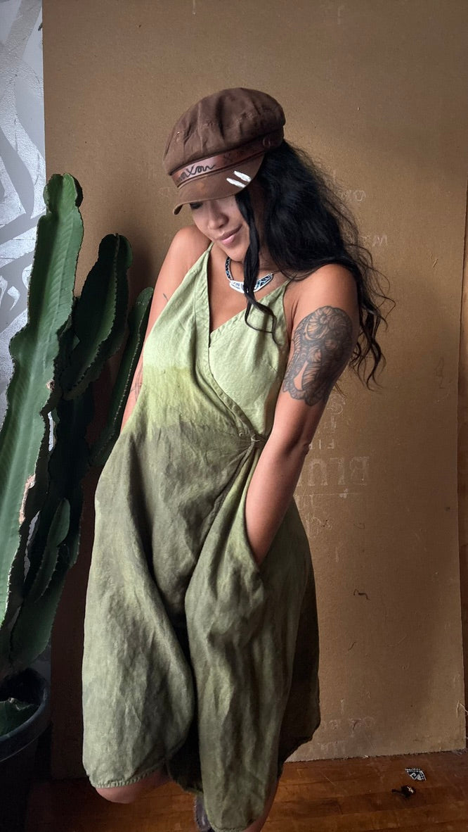 Medium - Green Ombre Soothe - Wrap Dress 100% Linen - Upcycled - Regenerazhinh