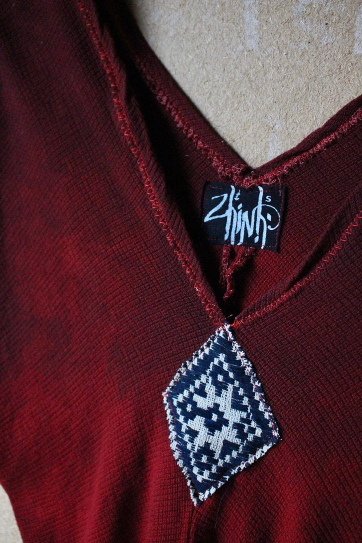Charcoal Embers Henka Top -Fits XS/S Integration - 70's Handwoven Hmong hill patch center